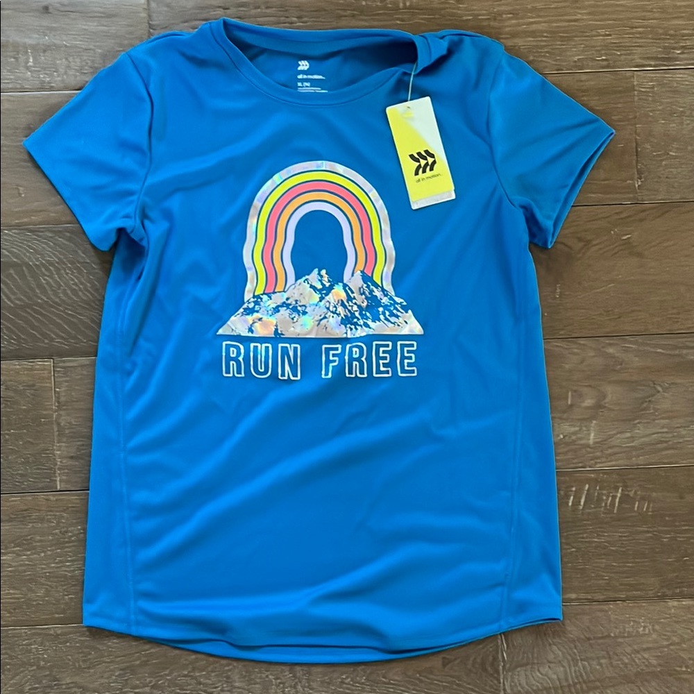 All in Motion Blue Short Sleeve Tee with Retro Rainbow